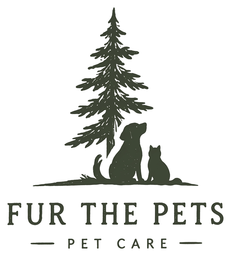 Fur the Pets pet care, with a dog and cat beneath a Vermont pine